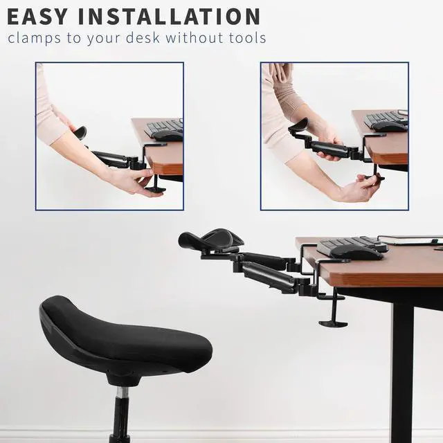 Alt view image 6 of 7 - Clamp-on Adjustable Armrests, Universal Desk Cradle 360° Rotating Elbow Platform, Arm Support Steel Base Table Extension, Black, MOUNT-ARM02P