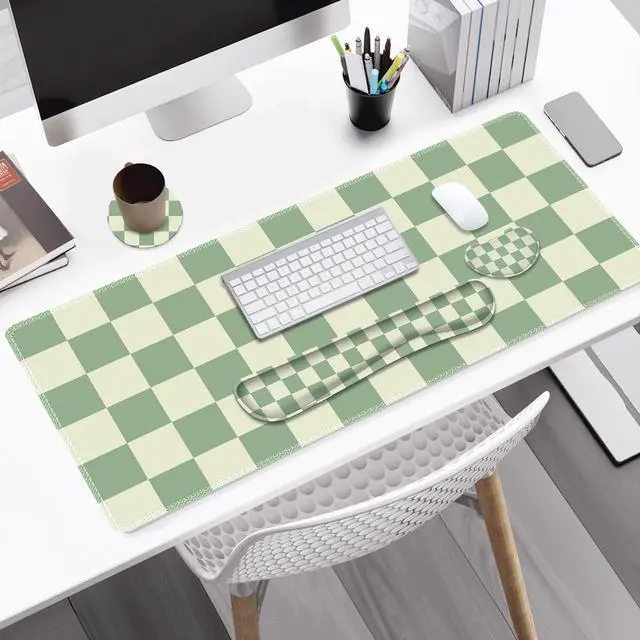 Alt view image 2 of 7 - Large Gaming Mouse Pad Set, 4 in1 Ergonomics Keyboard Desk Mat with Memory Foam Wrist Rest, Extended Game Mousepad, Non-Slip Desk Pad Matt Easy Typing Pain Relief I Green Checkered