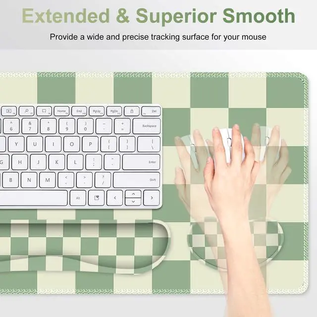 Alt view image 3 of 7 - Large Gaming Mouse Pad Set, 4 in1 Ergonomics Keyboard Desk Mat with Memory Foam Wrist Rest, Extended Game Mousepad, Non-Slip Desk Pad Matt Easy Typing Pain Relief I Green Checkered