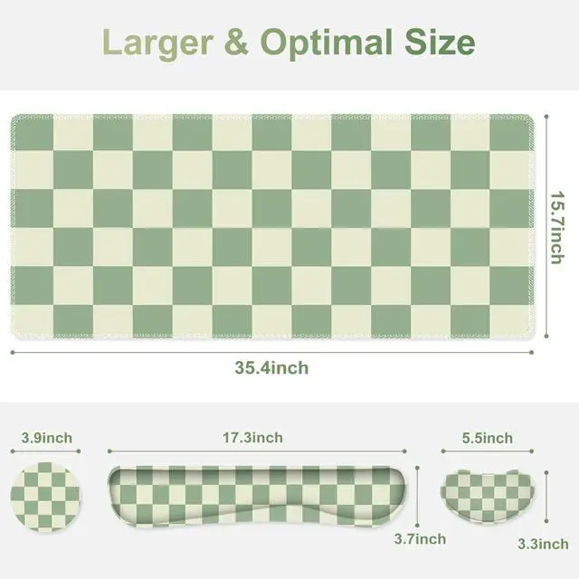 Alt view image 4 of 7 - Large Gaming Mouse Pad Set, 4 in1 Ergonomics Keyboard Desk Mat with Memory Foam Wrist Rest, Extended Game Mousepad, Non-Slip Desk Pad Matt Easy Typing Pain Relief I Green Checkered