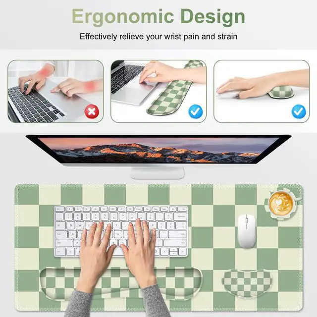 Alt view image 5 of 7 - Large Gaming Mouse Pad Set, 4 in1 Ergonomics Keyboard Desk Mat with Memory Foam Wrist Rest, Extended Game Mousepad, Non-Slip Desk Pad Matt Easy Typing Pain Relief I Green Checkered