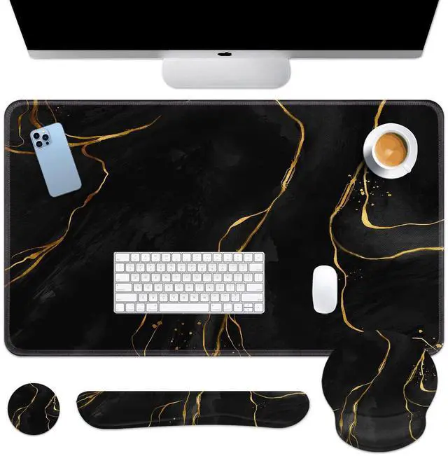 Main image of Keyboard Mouse Pad Set, 4 in 1 Desk Mat Set, Marble Black Gold