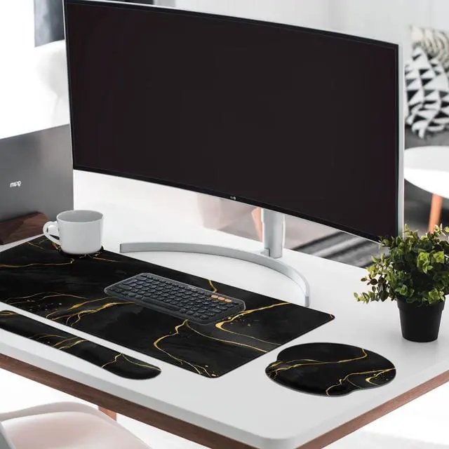 Alt view image 3 of 7 - Keyboard Mouse Pad Set, 4 in 1 Desk Mat Set, Marble Black Gold
