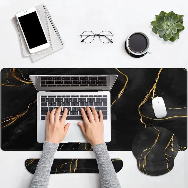 Alt view image 7 of 7 - Keyboard Mouse Pad Set, 4 in 1 Desk Mat Set, Marble Black Gold