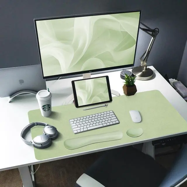 Alt view image 2 of 7 - Leather Desk Mat and Keyboard Wrist Rest, Large Mouse Pad + Keyboard Pad+Mouse Wrist Support, Non-Slip Desk Mat Protector for St Patricks Day(31.5×15.7 Inches, Green)
