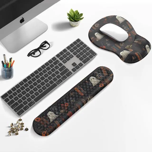 Alt view image 2 of 7 - Ghost Book Mousepad with Wrist Rest Halloween Computer Keyboard Mouse Pad Black Cute, Mouse Pad with Wrist Rest for Computer Keyboard, 2 In1 Mousepad with Wrist Support Easy Typing&Relieve Wrist Pai