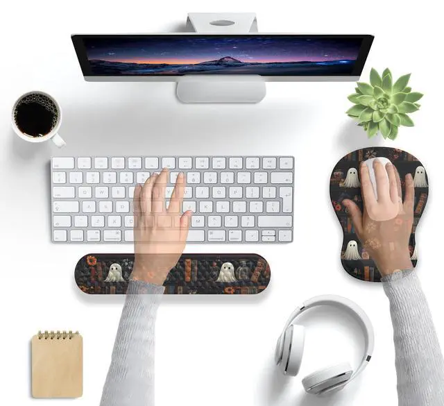 Alt view image 7 of 7 - Ghost Book Mousepad with Wrist Rest Halloween Computer Keyboard Mouse Pad Black Cute, Mouse Pad with Wrist Rest for Computer Keyboard, 2 In1 Mousepad with Wrist Support Easy Typing&Relieve Wrist Pai