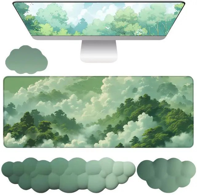 Main image of Green Cloud Mouse Pad and Keyboard Wrist Rest 4PCS Extended Forest Mountain Aesthetic Large Desk Mat Pad Set Memory Foam Non-Slip Cute Ergonomic Gaming Mouse Pad Wrist Support for Computer Home Office