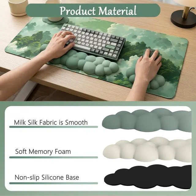 Alt view image 5 of 7 - Green Cloud Mouse Pad and Keyboard Wrist Rest 4PCS Extended Forest Mountain Aesthetic Large Desk Mat Pad Set Memory Foam Non-Slip Cute Ergonomic Gaming Mouse Pad Wrist Support for Computer Home Office