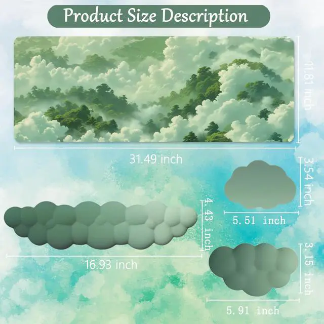Alt view image 6 of 7 - Green Cloud Mouse Pad and Keyboard Wrist Rest 4PCS Extended Forest Mountain Aesthetic Large Desk Mat Pad Set Memory Foam Non-Slip Cute Ergonomic Gaming Mouse Pad Wrist Support for Computer Home Office