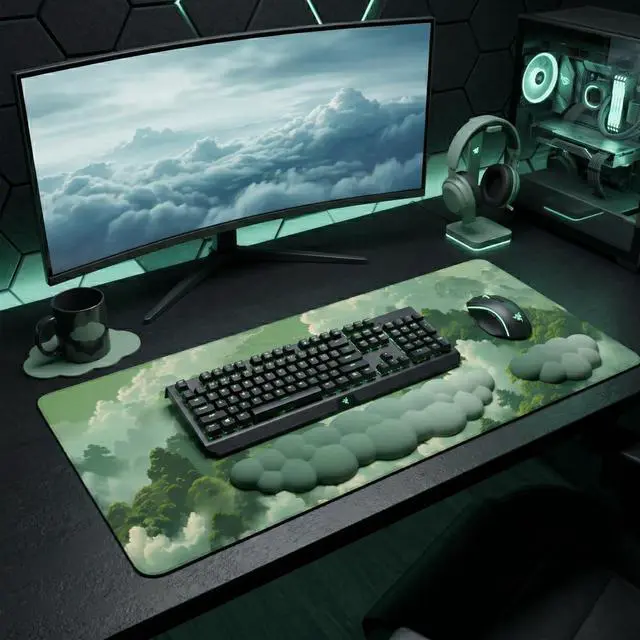 Alt view image 7 of 7 - Green Cloud Mouse Pad and Keyboard Wrist Rest 4PCS Extended Forest Mountain Aesthetic Large Desk Mat Pad Set Memory Foam Non-Slip Cute Ergonomic Gaming Mouse Pad Wrist Support for Computer Home Office