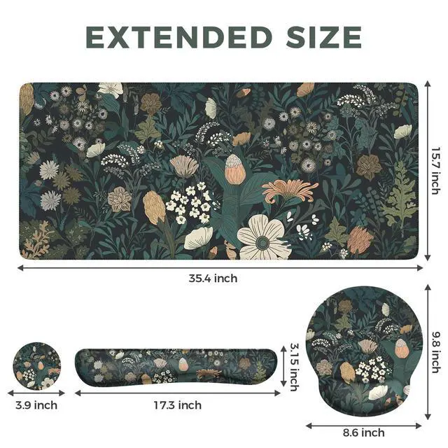 Alt view image 2 of 7 - Desk Cover Mat, 4in1 Floral Large Mouse Pad with Wrist Rest, Desk Matt for Desktop, Anti-Slip XXL Big Computer Ergonomic Mousepad with Wrist Support for Keyboard and Mouse (Weeds)