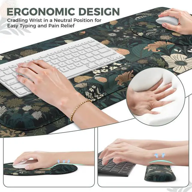 Alt view image 3 of 7 - Desk Cover Mat, 4in1 Floral Large Mouse Pad with Wrist Rest, Desk Matt for Desktop, Anti-Slip XXL Big Computer Ergonomic Mousepad with Wrist Support for Keyboard and Mouse (Weeds)