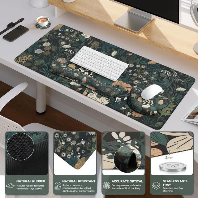 Alt view image 4 of 7 - Desk Cover Mat, 4in1 Floral Large Mouse Pad with Wrist Rest, Desk Matt for Desktop, Anti-Slip XXL Big Computer Ergonomic Mousepad with Wrist Support for Keyboard and Mouse (Weeds)