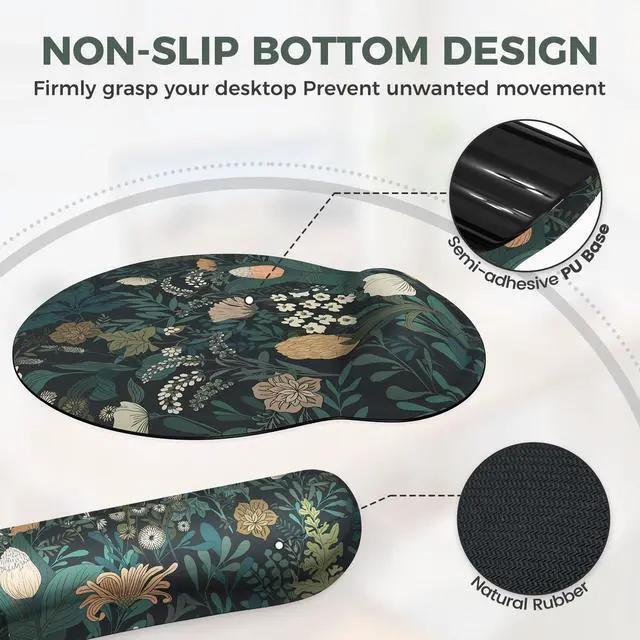 Alt view image 5 of 7 - Desk Cover Mat, 4in1 Floral Large Mouse Pad with Wrist Rest, Desk Matt for Desktop, Anti-Slip XXL Big Computer Ergonomic Mousepad with Wrist Support for Keyboard and Mouse (Weeds)