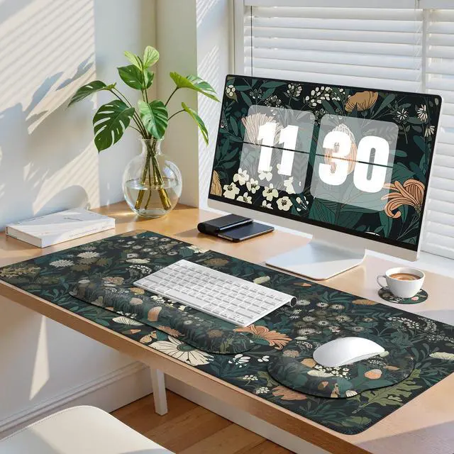 Alt view image 7 of 7 - Desk Cover Mat, 4in1 Floral Large Mouse Pad with Wrist Rest, Desk Matt for Desktop, Anti-Slip XXL Big Computer Ergonomic Mousepad with Wrist Support for Keyboard and Mouse (Weeds)