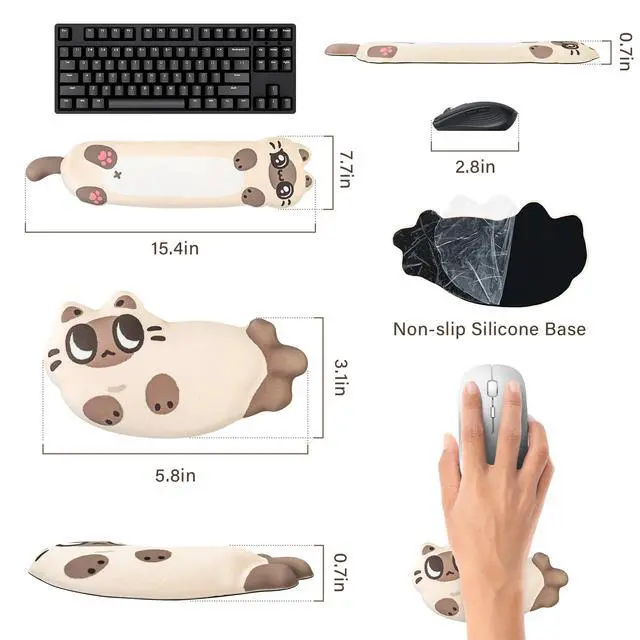 Alt view image 3 of 7 - Keyboard Wrist Rest and Mouse Pad Set, Wrist Rest for Keyboard and Mouse,Wrist Support for Keyboard,Non-Slip Base Memory Foam Wrist Pad for Gaming Home Office,Pain Relief(Cute Cat,Off-White)