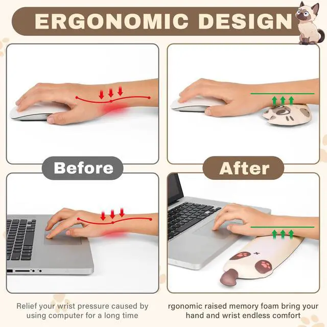 Alt view image 5 of 7 - Keyboard Wrist Rest and Mouse Pad Set, Wrist Rest for Keyboard and Mouse,Wrist Support for Keyboard,Non-Slip Base Memory Foam Wrist Pad for Gaming Home Office,Pain Relief(Cute Cat,Off-White)