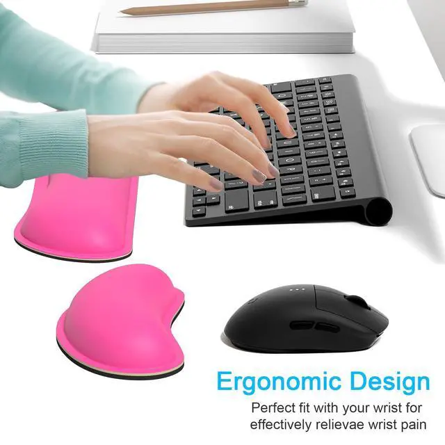 Alt view image 2 of 7 - Keyboard Wrist Rest Set, Cute PU Leather Wrist Cushion for Computer Keyboard and Mousepad, Memory Foam Mouse Pad Rests Support with Non-Slip Base for Typing Pain Relief, Laptop, Hot Pink