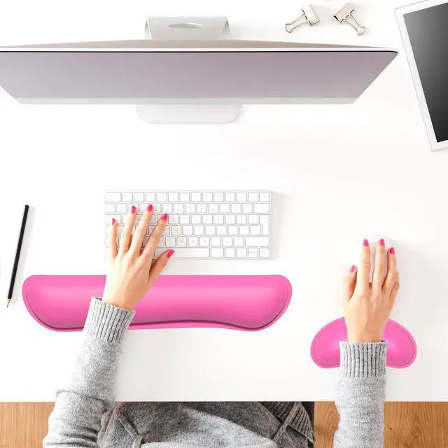 Alt view image 7 of 7 - Keyboard Wrist Rest Set, Cute PU Leather Wrist Cushion for Computer Keyboard and Mousepad, Memory Foam Mouse Pad Rests Support with Non-Slip Base for Typing Pain Relief, Laptop, Hot Pink