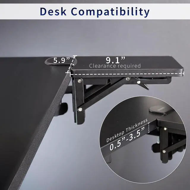 Alt view image 4 of 7 - inch (11 Including Clamps) Desk Extender, Wrist Support, Armrest Tray, Table Mount for Sit Stand Desks, Black, DESK-EXT09