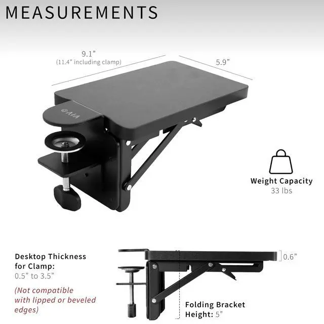Alt view image 3 of 7 - inch (11 Including Clamps) Desk Extender, Wrist Support, Armrest Tray, Table Mount for Sit Stand Desks, Black, DESK-EXT09