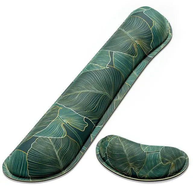 Main image of Enlarge Keyboard Wrist Rest, Memory Foam Wrist Cushion for Desk Mats Support, Cute Pain Relief Keyboard Mouse Pad Rests Set with Non-Slip Base for Gaming Laptop Office Computer, Green Leaf