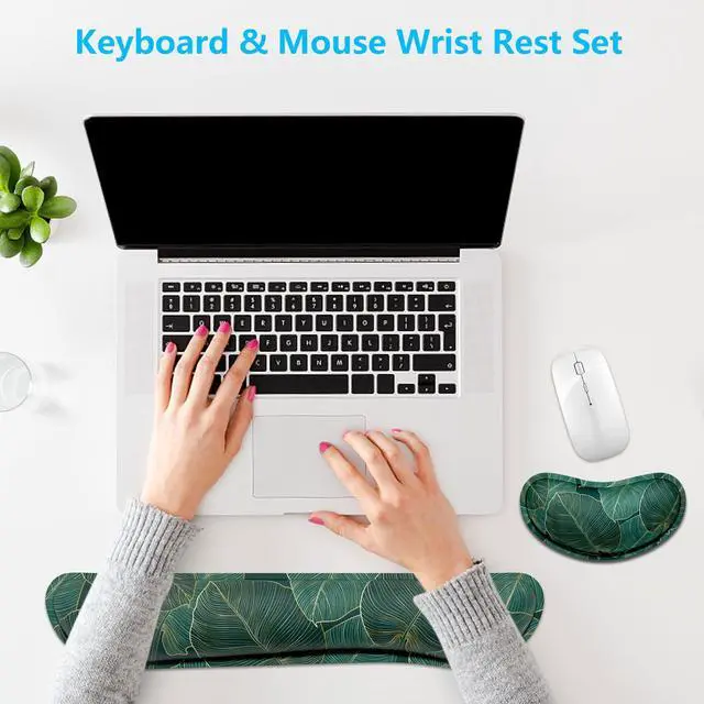 Alt view image 7 of 7 - Enlarge Keyboard Wrist Rest, Memory Foam Wrist Cushion for Desk Mats Support, Cute Pain Relief Keyboard Mouse Pad Rests Set with Non-Slip Base for Gaming Laptop Office Computer, Green Leaf