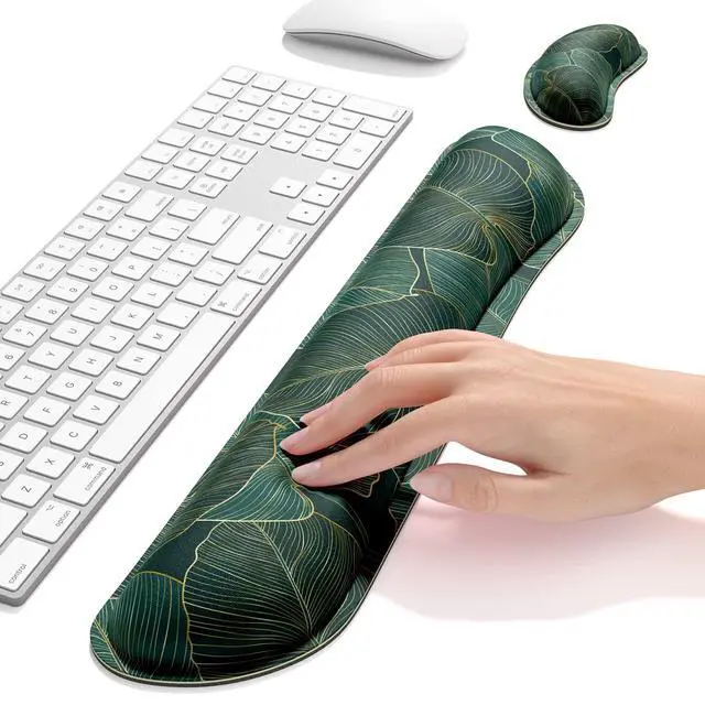 Alt view image 5 of 7 - Enlarge Keyboard Wrist Rest, Memory Foam Wrist Cushion for Desk Mats Support, Cute Pain Relief Keyboard Mouse Pad Rests Set with Non-Slip Base for Gaming Laptop Office Computer, Green Leaf