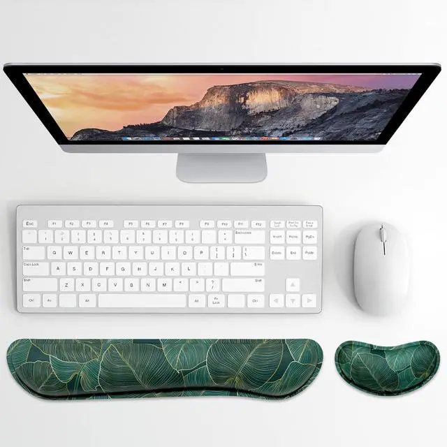 Alt view image 2 of 7 - Enlarge Keyboard Wrist Rest, Memory Foam Wrist Cushion for Desk Mats Support, Cute Pain Relief Keyboard Mouse Pad Rests Set with Non-Slip Base for Gaming Laptop Office Computer, Green Leaf
