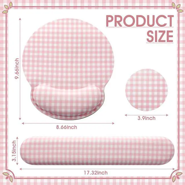 Alt view image 2 of 6 - Wrist Rest Support for Mouse Pad&Keyboard Set, Pink Gingham Checkered Circle Curved Ergonomic Mousepad&Coaster Non-Slip Base Design for Office Home Laptop Desktop Computer Keyboard