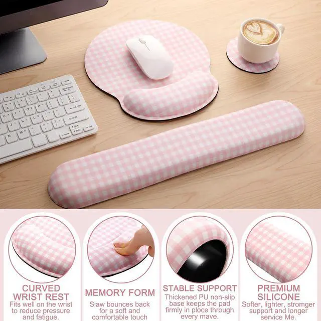 Alt view image 3 of 6 - Wrist Rest Support for Mouse Pad&Keyboard Set, Pink Gingham Checkered Circle Curved Ergonomic Mousepad&Coaster Non-Slip Base Design for Office Home Laptop Desktop Computer Keyboard