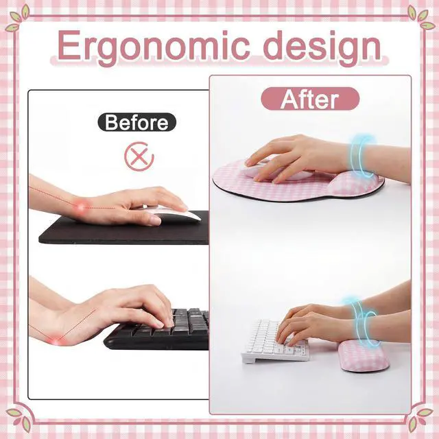 Alt view image 4 of 6 - Wrist Rest Support for Mouse Pad&Keyboard Set, Pink Gingham Checkered Circle Curved Ergonomic Mousepad&Coaster Non-Slip Base Design for Office Home Laptop Desktop Computer Keyboard