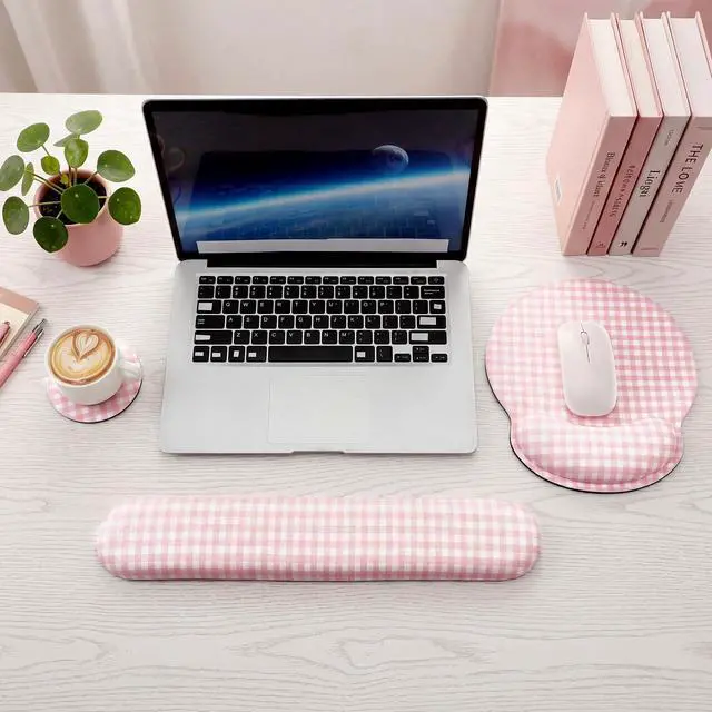 Alt view image 5 of 6 - Wrist Rest Support for Mouse Pad&Keyboard Set, Pink Gingham Checkered Circle Curved Ergonomic Mousepad&Coaster Non-Slip Base Design for Office Home Laptop Desktop Computer Keyboard