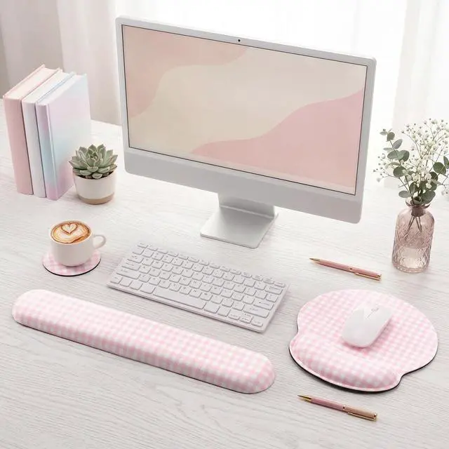Alt view image 6 of 6 - Wrist Rest Support for Mouse Pad&Keyboard Set, Pink Gingham Checkered Circle Curved Ergonomic Mousepad&Coaster Non-Slip Base Design for Office Home Laptop Desktop Computer Keyboard