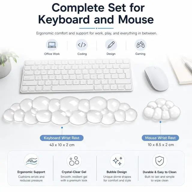 Alt view image 4 of 7 - Ergonomic Gel Keyboard Wrist Rest Set, Soft Gel Palm Rest for Keyboard and Mouse, Clear Wrist Support Pad for Typing and Gaming Pain Relief, Non-Slip Base for Computer Laptop (Cloud)