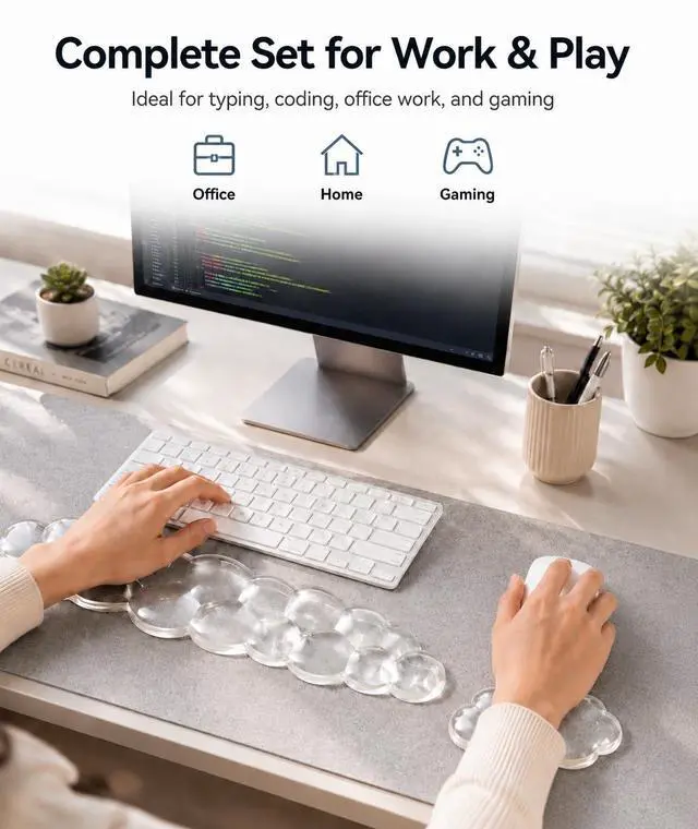 Alt view image 5 of 7 - Ergonomic Gel Keyboard Wrist Rest Set, Soft Gel Palm Rest for Keyboard and Mouse, Clear Wrist Support Pad for Typing and Gaming Pain Relief, Non-Slip Base for Computer Laptop (Cloud)