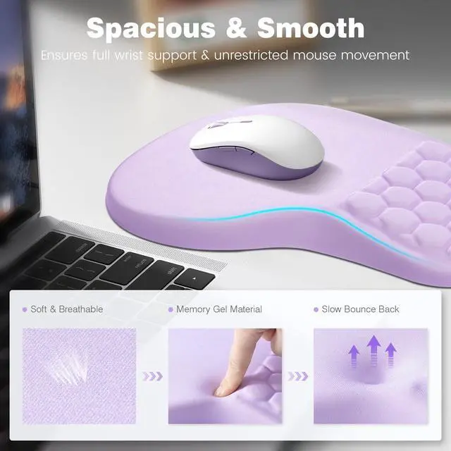Alt view image 3 of 6 - Ergonomic Mouse Pad and Keyboard Stand Wrist Rest Set, Memory Foam Comfort, Pain Relief for Typing, Office Desk Accessories, Purple