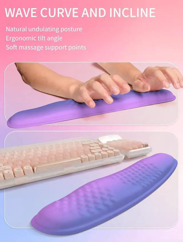 Alt view image 2 of 6 - Combination, Wave Keyboard Wrist Rest and Ergonomic Curvature Mouse Pad Wrist Support for Relieve Wrist Pain, Filled with Soft Cushion Memory Foam, Gradient Blue Purple