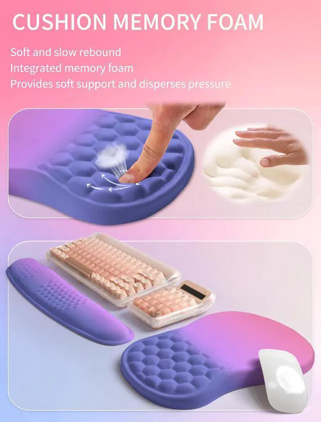 Alt view image 4 of 6 - Combination, Wave Keyboard Wrist Rest and Ergonomic Curvature Mouse Pad Wrist Support for Relieve Wrist Pain, Filled with Soft Cushion Memory Foam, Gradient Blue Purple