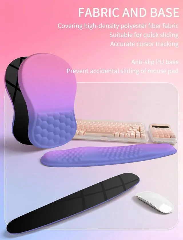 Alt view image 6 of 6 - Combination, Wave Keyboard Wrist Rest and Ergonomic Curvature Mouse Pad Wrist Support for Relieve Wrist Pain, Filled with Soft Cushion Memory Foam, Gradient Blue Purple
