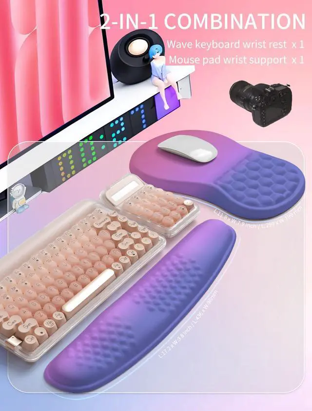 Alt view image 5 of 6 - Combination, Wave Keyboard Wrist Rest and Ergonomic Curvature Mouse Pad Wrist Support for Relieve Wrist Pain, Filled with Soft Cushion Memory Foam, Gradient Blue Purple