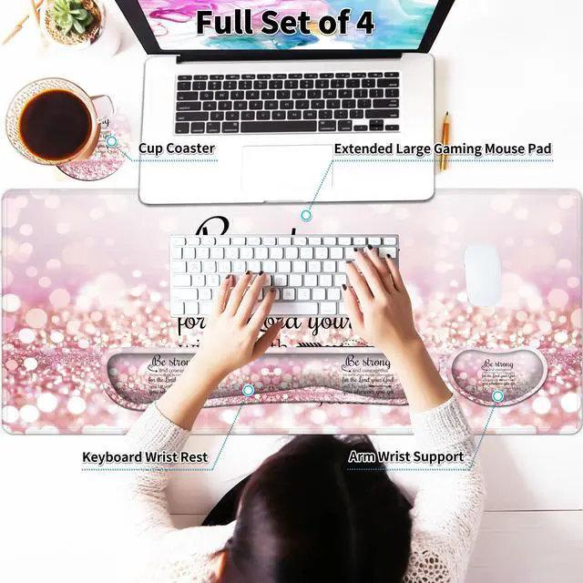 Alt view image 3 of 7 - Large Gaming Mouse Pad Set 35.4 x 15.7 with Keyboard Wrist Rest, Wrist Support, and Coaster Memory Foam Smooth Desk Pad Mousepad for Home Office School - Quote Bible