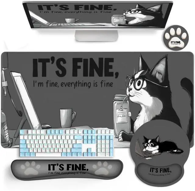 Main image of Funny Cat XXL Mouse Pad Set, Keyboard Wrist Rest Support, 35.4x15.7 in