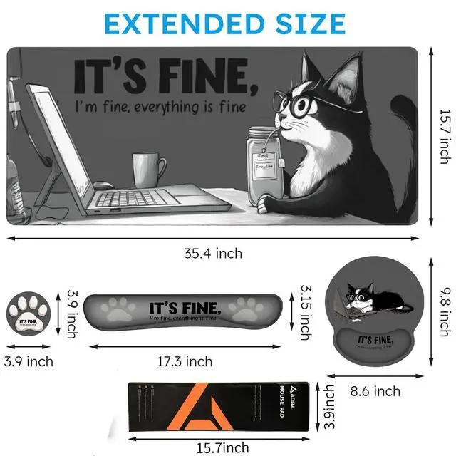 Alt view image 2 of 7 - Funny Cat XXL Mouse Pad Set, Keyboard Wrist Rest Support, 35.4x15.7 in