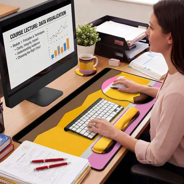 Alt view image 2 of 7 - Pencil Teacher Desk Mat Mouse Pad Set Include Large Desk Mat Pad with Wrist Rest Mouse Support, Keyboard Wrist Rest Coaster Back to School Classroom Teacher Appreciation Gift