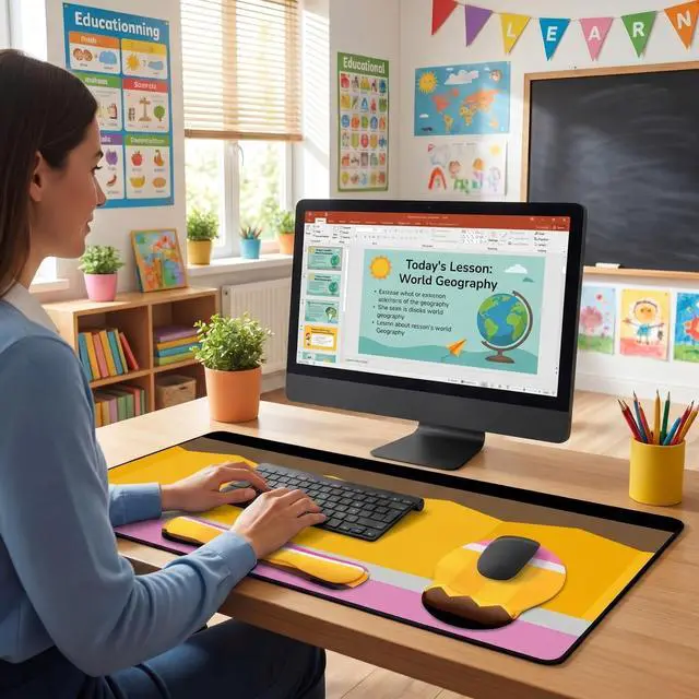 Alt view image 4 of 7 - Pencil Teacher Desk Mat Mouse Pad Set Include Large Desk Mat Pad with Wrist Rest Mouse Support, Keyboard Wrist Rest Coaster Back to School Classroom Teacher Appreciation Gift