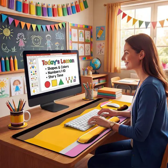 Alt view image 7 of 7 - Pencil Teacher Desk Mat Mouse Pad Set Include Large Desk Mat Pad with Wrist Rest Mouse Support, Keyboard Wrist Rest Coaster Back to School Classroom Teacher Appreciation Gift