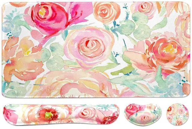 Main image of Large Mouse Pad Set, Cute Extended Mouse Pad+Keyboard Wrist Rest Support Desk Pad Memory Foam Ergonomic Easy Typing, 35.4×15.7 in Desk Mat Set for Home Office Study Game - Flowers