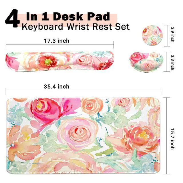Alt view image 3 of 6 - Large Mouse Pad Set, Cute Extended Mouse Pad+Keyboard Wrist Rest Support Desk Pad Memory Foam Ergonomic Easy Typing, 35.4×15.7 in Desk Mat Set for Home Office Study Game - Flowers
